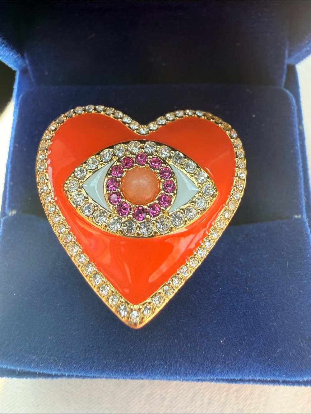 Kurt Geiger Red Heart Eye Brooch with Pink Crystal Halo